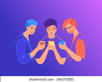 Teenage friends using smartphones concept flat vector illustration. Young tree boys showing each other smartphone for reading comment and sharing meme. Young smiling people holding mobile smart phone