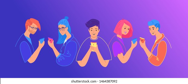 Teenage friends using smartphones concept flat vector illustration. Young tree girls using smartphone for texting, leaving comments and sharing memes. Young smiling people holding mobile smart phone