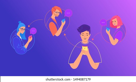 Teenage friends using smartphones concept flat vector illustration. Young tree girls using smartphone for texting, leaving comments and sharing memes. Young smiling people holding mobile smart phone