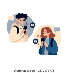 Teenage friends using smartphones concept flat vector illustration. Young girl and boy using smartphone for texting messages, leaving comments and sharing memes. Young people holding mobile phones.