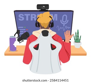 Teenage game streamer cartoon character wearing headphones broadcasting video game playing online sitting front of computer view from back vector illustration. Blogging leisure activity for teens