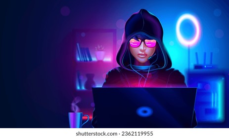 A teenage gamer in a hood is playing at a gaming laptop. A teenage girl or a boy in a hood is a hacker, a programmer writes code on a laptop in a dark room. A teenager is playing on a computer.