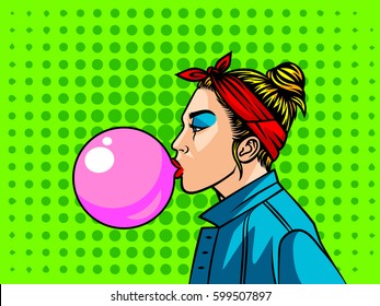 Teenage girl in 90s style. Young woman with bubble gum over halftone background. Face of girl from 90s in profile