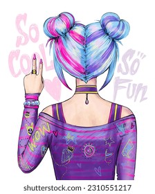 Teenage girl back view. Blue hair space buns. Pink hairdress space buns. Trendy teenager girl in modern clothes with bright manicure, Boise with text drawing in Graffiti street art style. So cool, fun