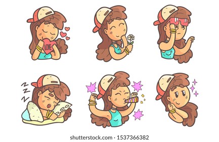 Teenage Girl in Baseball Cap Showing Various Emotions Set Vector Illustration
