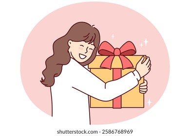 Teenage girl with big gift box with red ribbon smiling overjoyed at unexpected surprise from parents or friends. Positive child is happy to receive gift in honor of birthday or Christmas Eve