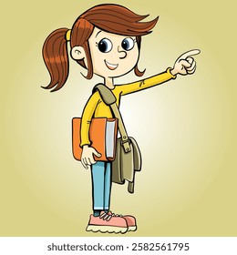 teenage girl with a book and a school bag on her shoulder is pointing in the direction with her left hand