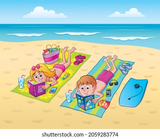 Teenage Girl And Boy With Bathing Suits Laying Out At The Beach Reading On Towels With Drinks, Snacks, Cell Phone, Sunglasses, Beach Bag, Body Board, And Flip Flops.