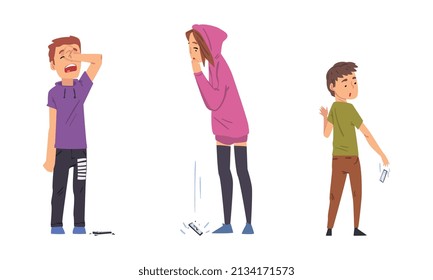 Teenage Girl and Boy Dropping Their Smartphone by Accident Vector Set