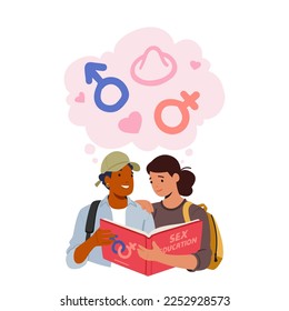 Teenage Girl and Boy Reading Book Related to Education. Young Characters Learning Difference between Male and Female Reproductive System and Contraceptives. Cartoon People Vector Illustration