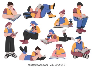 Teenage girl and boy at study, cartoon character, flat style illustration, student  learning design element, people clip art