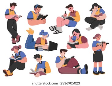 Teenage girl and boy at study, cartoon character, flat style illustration, student  learning design element, people clip art