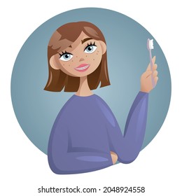 Teenage girl in braces smiles and holds a toothbrush in her hand. Brown-haired girl with freckles and squares. Care of teeth and braces system. 