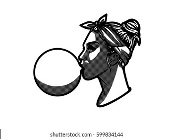 Teenage girl  with bubble gum. Black and white logotype of young woman in profile. Sticker with girl in halftone style