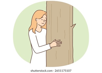 Menina adolescente carinhosamente abraçando árvore abraçando planta para o conceito de cuidar da natureza. Mulher gosta de vida selvagem e árvores que crescem na floresta ou no parque e que precisam de proteção de ativistas ambientais