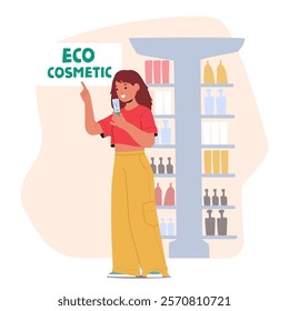 Teenage girl cartoon character choosing natural eco cosmetics beauty products in store cartoon scene. Young female customer choosing skincare cream shopping in modern boutique vector illustration