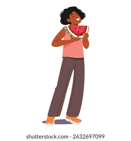 Teenage girl cartoon character eating watermelon fruit with smile on face and joyful expression standing isolated on white. Positive female teenager holding sweet snack slice vector illustration