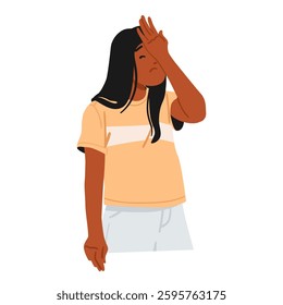 Teenage girl cartoon character in stress feeling blame making facepalm gesture. Disappointment due to mistake, embarrassment about problem, fatigue negative emotion isolated vector illustration