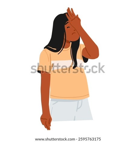 Teenage girl cartoon character in stress feeling blame making facepalm gesture. Disappointment due to mistake, embarrassment about problem, fatigue negative emotion isolated vector illustration