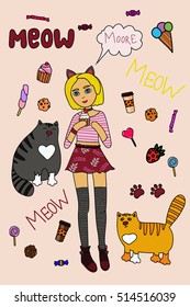 a teenage girl with cat ears holding a cake and mewing cats on pink background