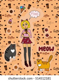 a teenage girl with cat ears and meowing cats on the coffee background