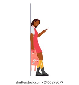 Teenage Girl Character in Casual Clothes with Rucksack Engrossed In Her Smartphone, Leans Against The Wall, Her Eyes Fixed On The Screen, Lost In Digital Connection. Cartoon People Vector Illustration