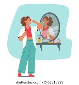 Teenage Girl Character Delicately Applies Mascara In Front Of Her Home Mirror, Enhancing Her Lashes With Precise Strokes, Perfecting Her Look. Young Woman Learn to Makeup. Cartoon Vector Illustration