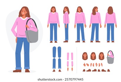 Teenage girl character with shopper bag. Constructor for animation. Front, side and back view set. Body parts, postures, poses collection. Vector illustration.