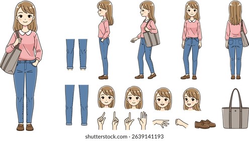 Teenage girl character with shopper bag. Constructor for animation. Front, side and back view set. Body parts, postures, poses collection.
