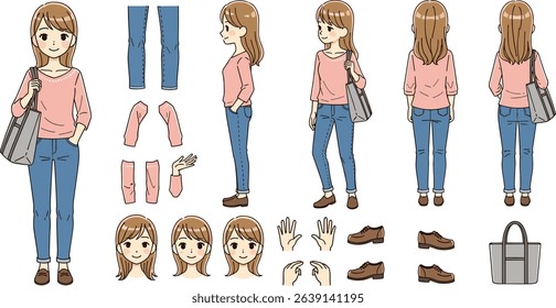 Teenage girl character with shopper bag. Constructor for animation. Front, side and back view set. Body parts, postures, poses collection.