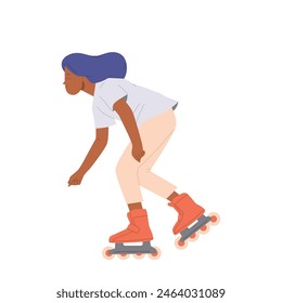 Teenage girl child character riding fast enjoying extremely speed roller-skating isolated on white