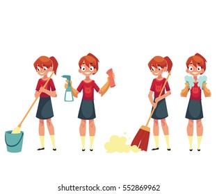 Teenage girl cleaning the house, doing chores, cartoon vector illustration isolated on white background. Set of girl cleaning home with mop and water, broom, cloth and sprinkler, washing dishes