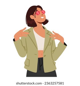 Teenage Girl Confidently Points Towards Herself, Expressing Self-assuredness Or Pride In A Subtle, Nonverbal Manner. Female Character Using Her Hands To Draw Attention. Cartoon Vector Illustration