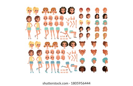 Teenage Girl Creation Set, Cute Girls with Various Haircuts, Face Emotions, Poses Cartoon Style Vector Illustration