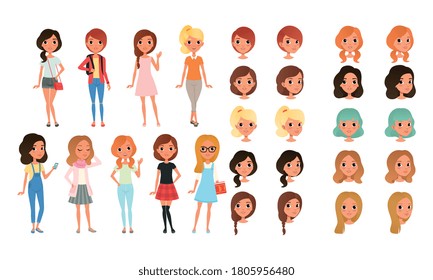 Teenage Girl Creation Set, Cute Girls in Fashionable Clothes with Various Haircuts, Faces, Poses Cartoon Style Vector Illustration