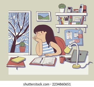 A teenage girl is doing her homework in her room.