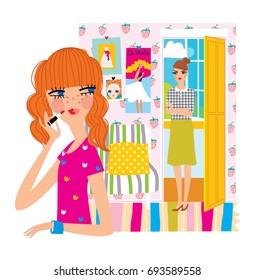 Teenage girl doing lips make up while her mum looking at her in the room. Parenting relationship. Vector illustration.