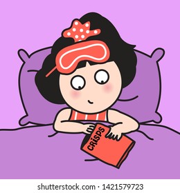 Teenage Girl Enjoy Snacking On Crisps While Lying On Her Bed Concept Card Character illustration