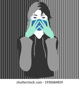 teenage girl in facemask touching her face with gloves on monochrome background