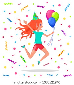 Teenage girl in festive hat jumping and celebrate birthday party. Vector woman with air balloons having fun, leaping from joy on backdrop of tinsels