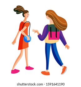 Teenage girl friends having nice conversation back view. Girlfriends going together and speaking. Cartoon female characters isolated on white. Schoolfellow, students chatting. Vector flat illustration