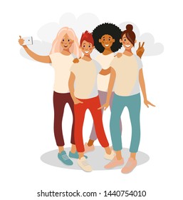 Teenage girl friends taking a selfie on camera phone. A group of four girls of different nationalities photograph selfies in casual clothes. Vector illustration in flat cartoon style.