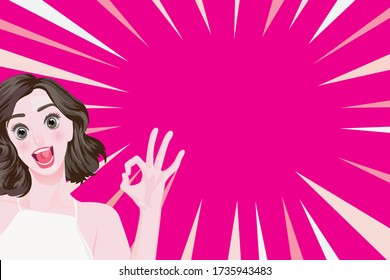 Teenage girl Gesture raise your hand ok style pop art vintage illustration vector cartoon comics character