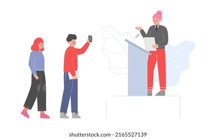 Teenage Girl Giving Speech Podium In Front Of Audience Vector Illustration