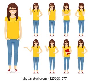 Teenage Girl In Glasses Set With Different Gestures Vector Illustration Isolated