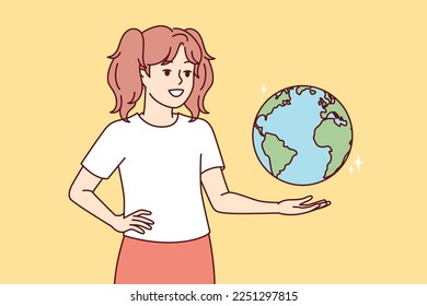 Teenage girl with globe hanging in weightlessness studies geography and location of continents or states. Child from elementary school dreams of traveling to cities of world. Flat vector illustration