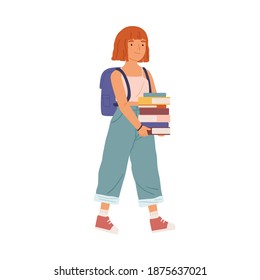 Teenage girl going to school. Pupil with backpack holding pile of books. Student walking and carry studentbooks. Scene of first day or schooling. Flat vector cartoon illustration isolated on white