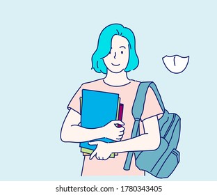 Teenage girl happy to be back at university. Education, back to school concept. Hand drawn in thin line style, vector illustrations.(A Mask can be removable)