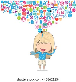 Teenage girl happy template design thinking idea with selfie on social network icons background.. Drawing by hand vector