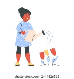 A teenage girl is having fun watering flowers from a watering can. Vector illustration of a well-mannered character happily caring for plants. Bad good man Isolated background.